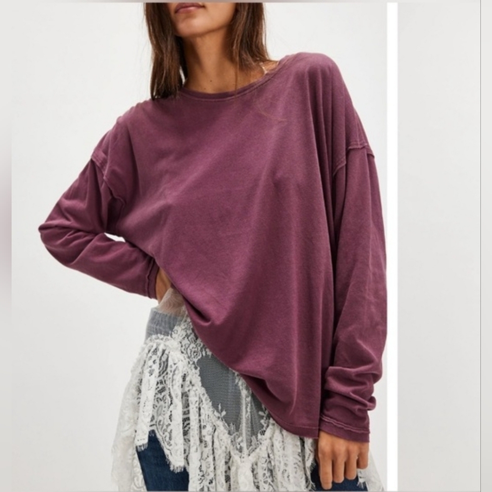 Free People We The Free Nina Long-Sleeve Tee Maroon Burgundy Plum Wine L Large